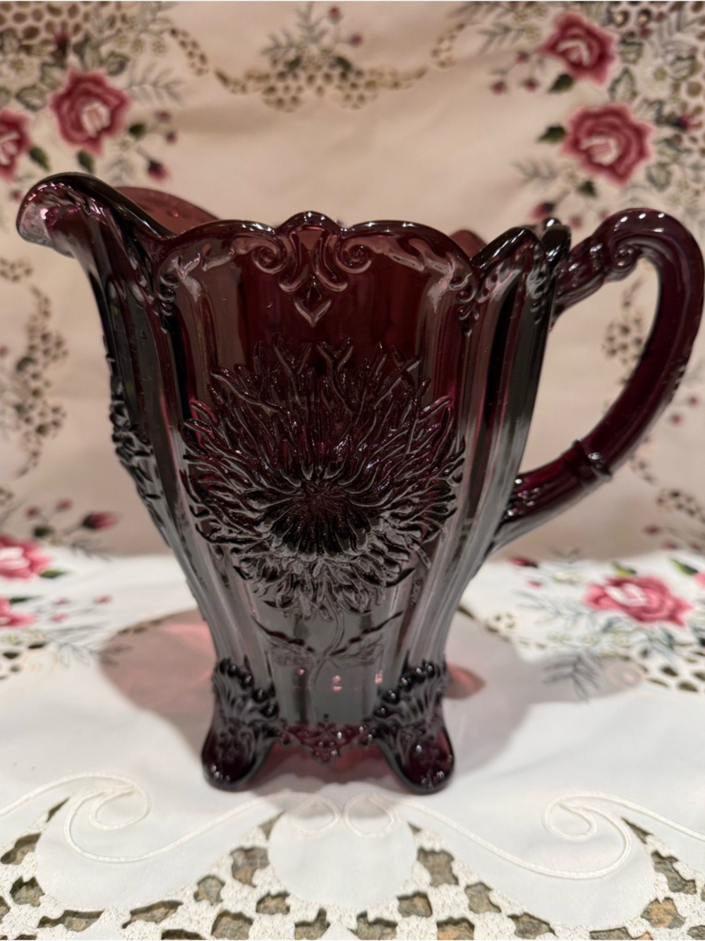 Mosser Glass, Ohio, USA Amethyst Dahlia Footed Pitcher.